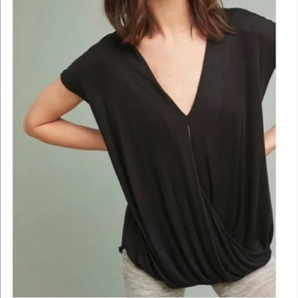 Anthropologie Saturday Sunday Black Clarissa Wrap Short Sleeve Soft Stretchy Top - Picture 1 of 9